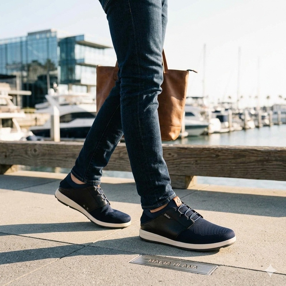 OluKai Makia Ulana Sneaker Mens 11.5 Navy Black Mesh Leather 10361-DEDE Casual